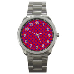 Blue Stars Pattern On Red Sport Metal Watch by BrightVibesDesign