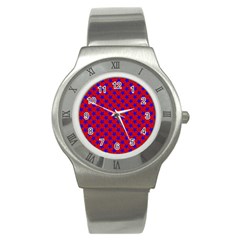 Blue Stars Pattern On Red Stainless Steel Watch by BrightVibesDesign