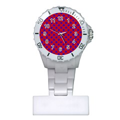 Blue Stars Pattern On Red Plastic Nurses Watch by BrightVibesDesign