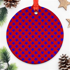 Blue Stars Pattern On Red Ornament (round) by BrightVibesDesign