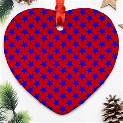 Blue Stars Pattern On Red Ornament (heart) by BrightVibesDesign