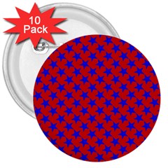 Blue Stars Pattern On Red 3  Buttons (10 Pack)  by BrightVibesDesign