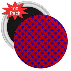 Blue Stars Pattern On Red 3  Magnets (100 Pack) by BrightVibesDesign