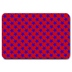 Blue Stars Pattern On Red Large Doormat  by BrightVibesDesign