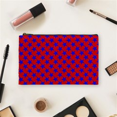 Blue Stars Pattern On Red Cosmetic Bag (medium) by BrightVibesDesign