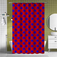 Blue Stars Pattern On Red Shower Curtain 48  X 72  (small)  by BrightVibesDesign