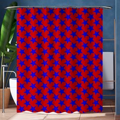 Blue Stars Pattern On Red Shower Curtain 60  X 72  (medium)  by BrightVibesDesign