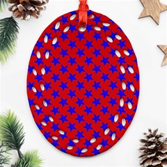 Blue Stars Pattern On Red Ornament (oval Filigree) by BrightVibesDesign