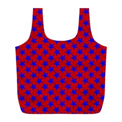 Blue Stars Pattern On Red Full Print Recycle Bag (l) by BrightVibesDesign