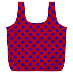 Blue Stars Pattern On Red Full Print Recycle Bag (xl) by BrightVibesDesign