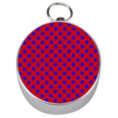 Blue Stars Pattern On Red Silver Compasses by BrightVibesDesign