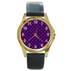 Red Stars Pattern On Blue Round Gold Metal Watch by BrightVibesDesign