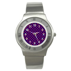 Red Stars Pattern On Blue Stainless Steel Watch by BrightVibesDesign