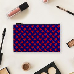 Red Stars Pattern On Blue Cosmetic Bag (small) by BrightVibesDesign