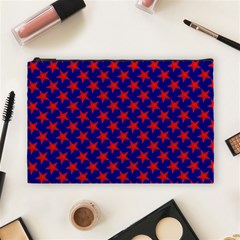 Red Stars Pattern On Blue Cosmetic Bag (large) by BrightVibesDesign