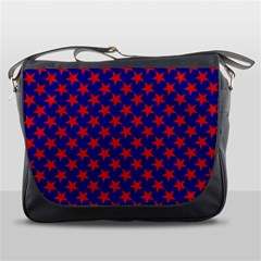 Red Stars Pattern On Blue Messenger Bag by BrightVibesDesign