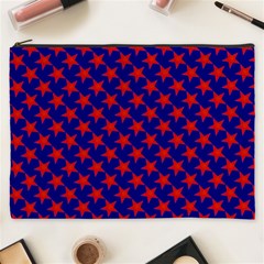 Red Stars Pattern On Blue Cosmetic Bag (xxxl) by BrightVibesDesign