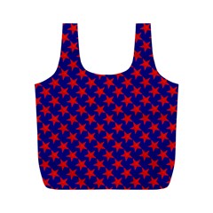 Red Stars Pattern On Blue Full Print Recycle Bag (m) by BrightVibesDesign