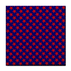 Red Stars Pattern On Blue Tile Coasters by BrightVibesDesign