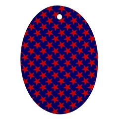 Red Stars Pattern On Blue Ornament (oval) by BrightVibesDesign