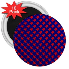 Red Stars Pattern On Blue 3  Magnets (10 Pack)  by BrightVibesDesign