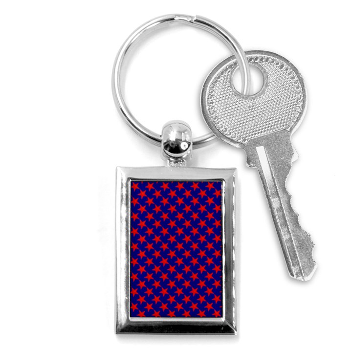 Red Stars Pattern On Blue Key Chains (Rectangle) 