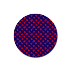 Red Stars Pattern On Blue Rubber Coaster (round)  by BrightVibesDesign