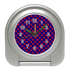 Red Stars Pattern On Blue Travel Alarm Clock by BrightVibesDesign