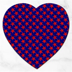 Red Stars Pattern On Blue Jigsaw Puzzle (heart) by BrightVibesDesign