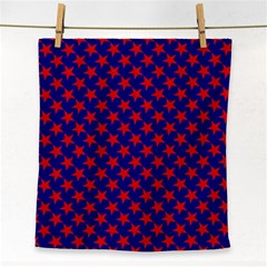 Red Stars Pattern On Blue Face Towel by BrightVibesDesign