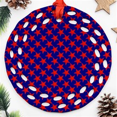 Red Stars Pattern On Blue Ornament (round Filigree) by BrightVibesDesign