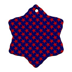 Red Stars Pattern On Blue Snowflake Ornament (two Sides) by BrightVibesDesign