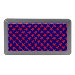 Red Stars Pattern On Blue Memory Card Reader (mini) by BrightVibesDesign