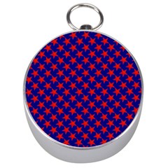 Red Stars Pattern On Blue Silver Compasses by BrightVibesDesign