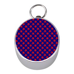 Red Stars Pattern On Blue Mini Silver Compasses by BrightVibesDesign