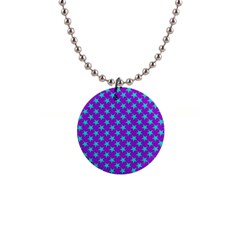 Turquoise Stars Pattern On Purple 1  Button Necklace by BrightVibesDesign