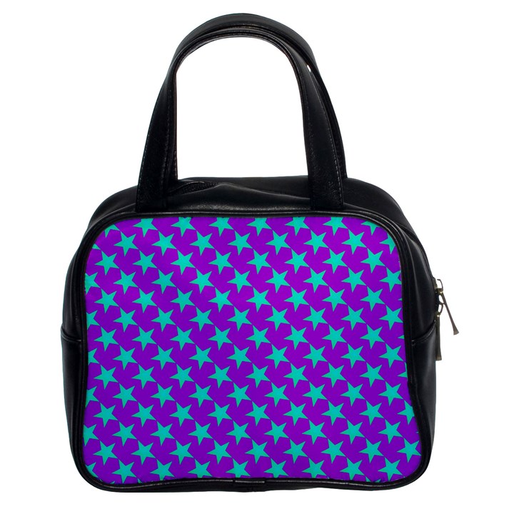 Turquoise Stars Pattern On Purple Classic Handbag (Two Sides)