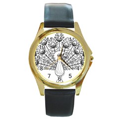 Peacock Plumage Display Bird Round Gold Metal Watch by Pakrebo