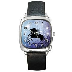 Wonderful Black Horse Silhouette On Vintage Background Square Metal Watch by FantasyWorld7