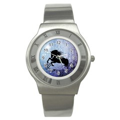 Wonderful Black Horse Silhouette On Vintage Background Stainless Steel Watch by FantasyWorld7