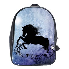 Wonderful Black Horse Silhouette On Vintage Background School Bag (large) by FantasyWorld7