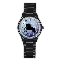 Wonderful Black Horse Silhouette On Vintage Background Stainless Steel Round Watch by FantasyWorld7