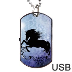 Wonderful Black Horse Silhouette On Vintage Background Dog Tag Usb Flash (one Side) by FantasyWorld7