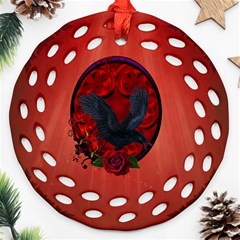 The Crow With Roses Round Filigree Ornament (two Sides) by FantasyWorld7