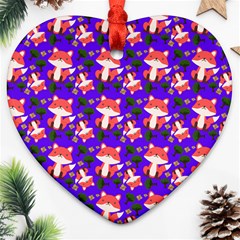 Fox And Trees Pattern Blue Ornament (Heart)