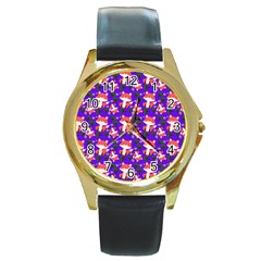 Fox And Trees Pattern Blue Round Gold Metal Watch