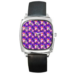 Fox And Trees Pattern Blue Square Metal Watch