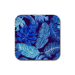 Tropical Blue Leaves Rubber Coaster (square)  by snowwhitegirl