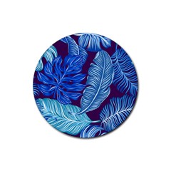 Tropical Blue Leaves Rubber Coaster (round)  by snowwhitegirl