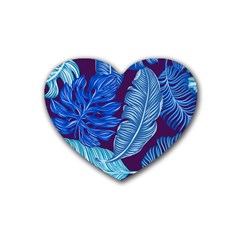 Tropical Blue Leaves Rubber Coaster (heart)  by snowwhitegirl